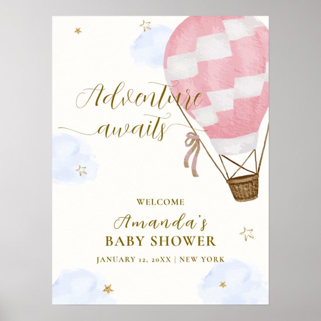 Rosa Äventyr Luftballong Baby Shower Välkommen Poster (Framsidan)