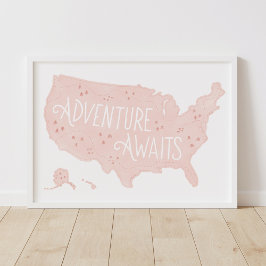 Rosa äventyr väntar USA-karta Barnkammardekor Poster
