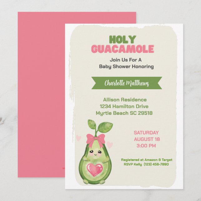Rosa Avocado Heliga Guacamole Baby Shower Inbjudningar (Fram/baksida)