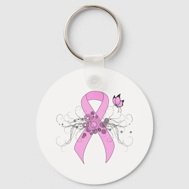 Rosa Awareness Ribbon med Butterfly Nyckelring (Framsida)