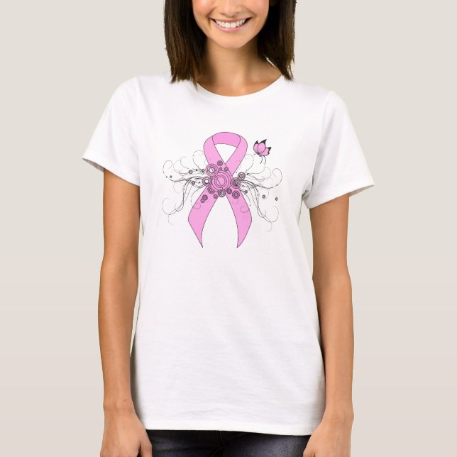 Rosa Awareness Ribbon med Butterfly Tee Shirt (Framsida)