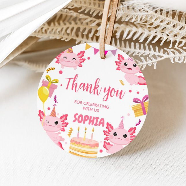 Rosa Axolotl Alotl Födelsedagsfest Runda favoritta Gåvor Etiketter (Pink Girl Axolotl Alotl Birthday Party Round Favor Tags)