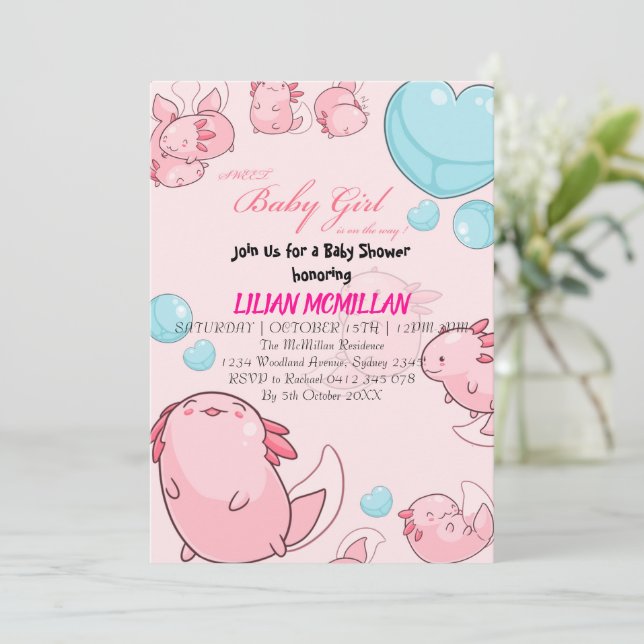 ROSA AXOLOTL Baby Shower-inbjudan Flicka Inbjudningar (Stående Fram)