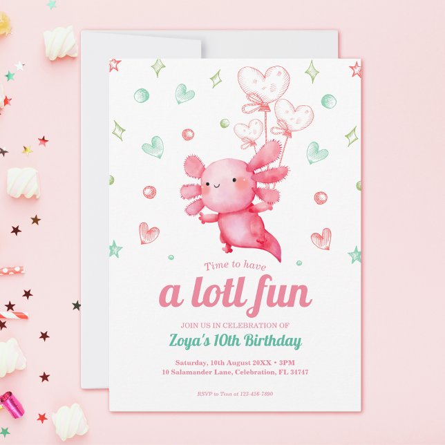 Rosa Axolotl Cute Barns födelsedag Party Inbjudningar (Skapare uppladdad)