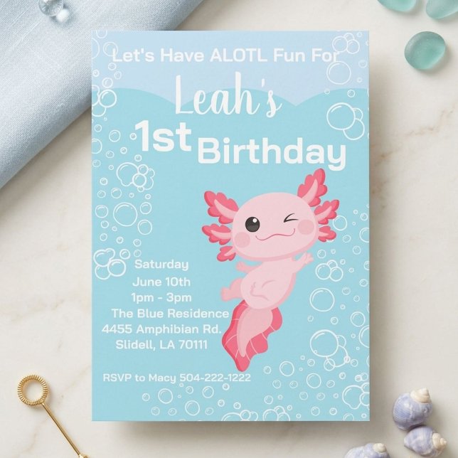 Rosa Axolotl Flicka 1-års Födelsedagsfest Inbjudningar (Skapare uppladdad)