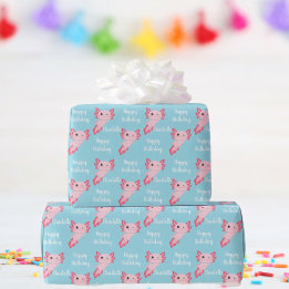 Rosa Axolotl Girl Birthday Wrapping Papper Presentpapper