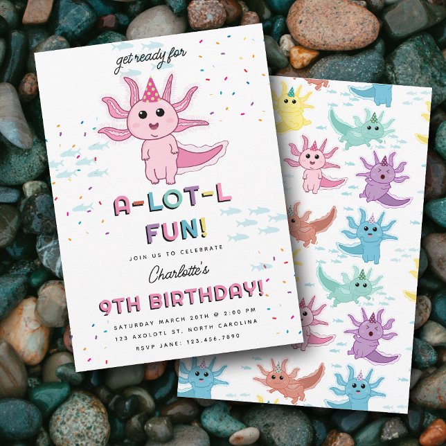 Rosa Axolotl Kids Cute Salamander Födelsedagsfest Inbjudningar (Pink Axolotl Kids Cute Salamander Birthday Party Invitation)
