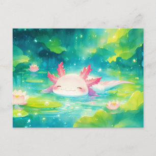 Rosa Axolotl Simmar i Solig Lotusblomma Damm Vykort