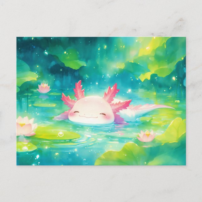 Rosa Axolotl Simmar i Solig Lotusblomma Damm Vykort (Framsida)
