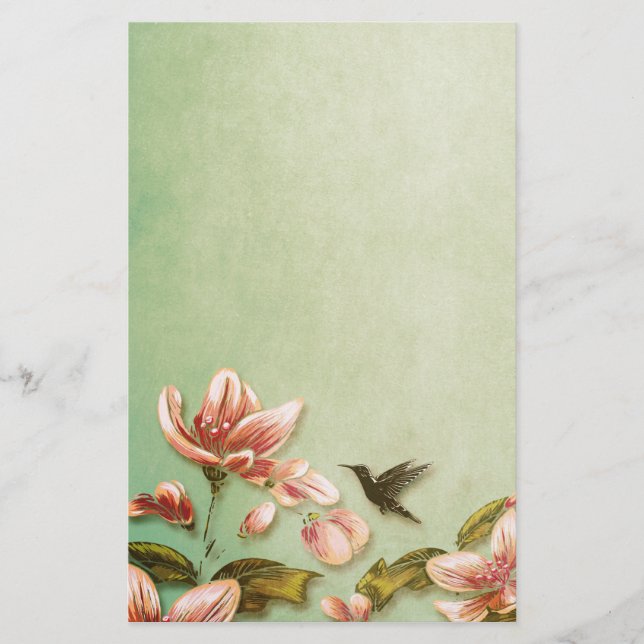 Rosa Azaleas Vintage på Grönt Mist Brevpapper (Framsida)