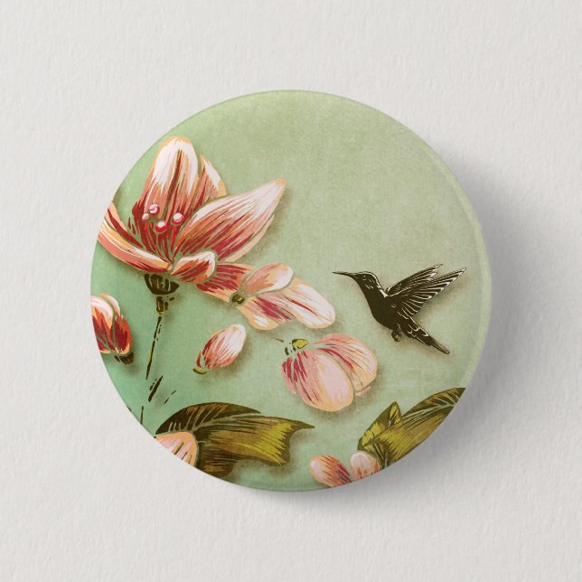 Rosa Azaleas Vintage på Grönt Mist Knapp (Framsida)