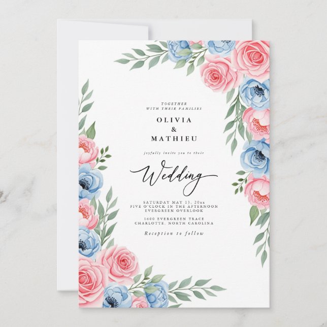 Rosa Azurblå Akvarell Blommig Bröllop Inbjudningar (Framsida)