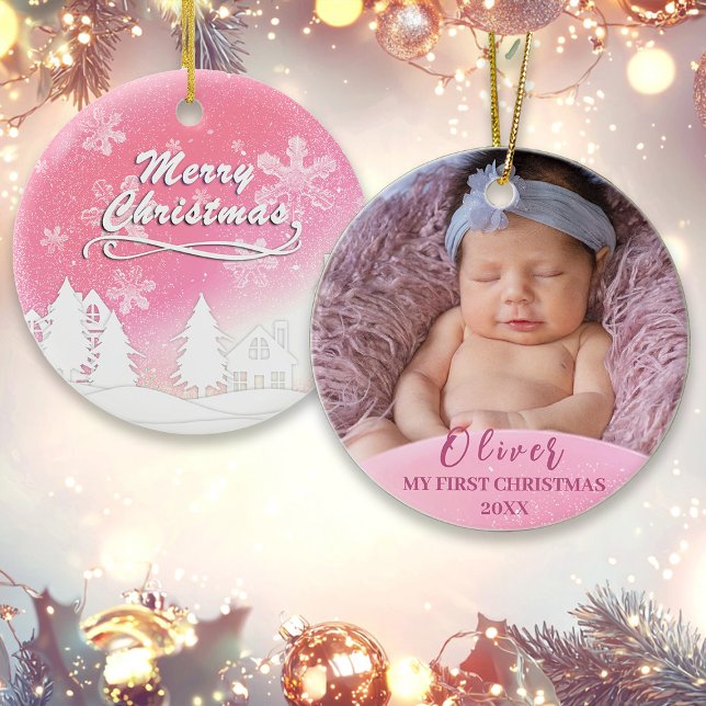 Rosa Baby 1:a julfotnoten Anpassningsbar 1 Julgransprydnad Keramik (Skapare uppladdad)