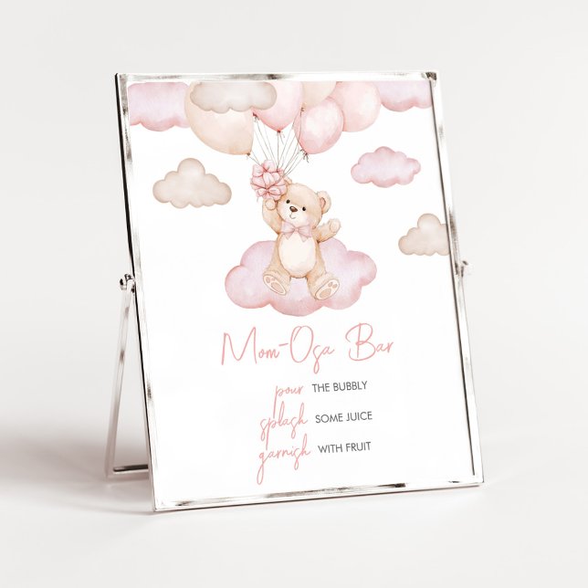 Rosa Baby Bear Balloon Baby Shower Mamma Osa Pub Poster (Pink Baby Bear Balloon Baby Shower Mom Osa Bar Sign)