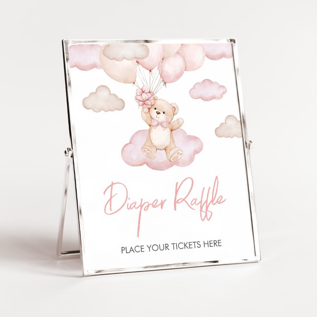 Rosa Baby Bear Balloon Baby Shower Raffle Poster (Pink Baby Bear Balloon Baby Shower Diaper Raffle Sign)