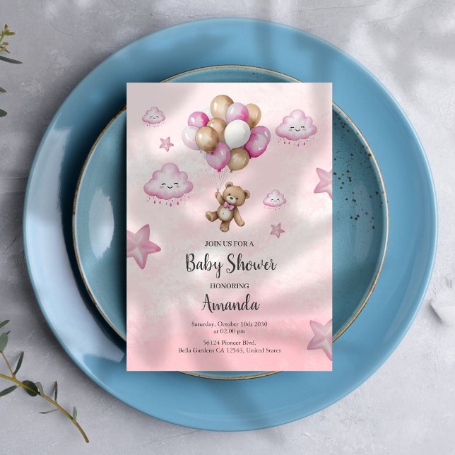 Rosa Baby Bear Balloon Girl Baby Shower-inbjudan Inbjudningar (Skapare uppladdad)