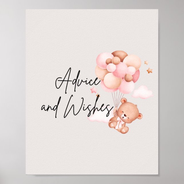Rosa Baby Bear & Balloons Advice & Önskemål Poster (Framsidan)