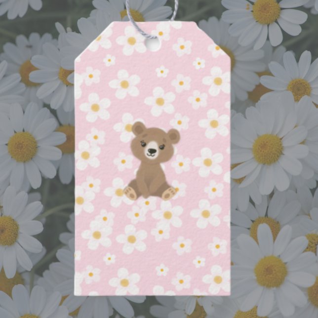 Rosa Baby Bear Blommigt Daisy Presentetikett (Pink Baby Bear Label
)