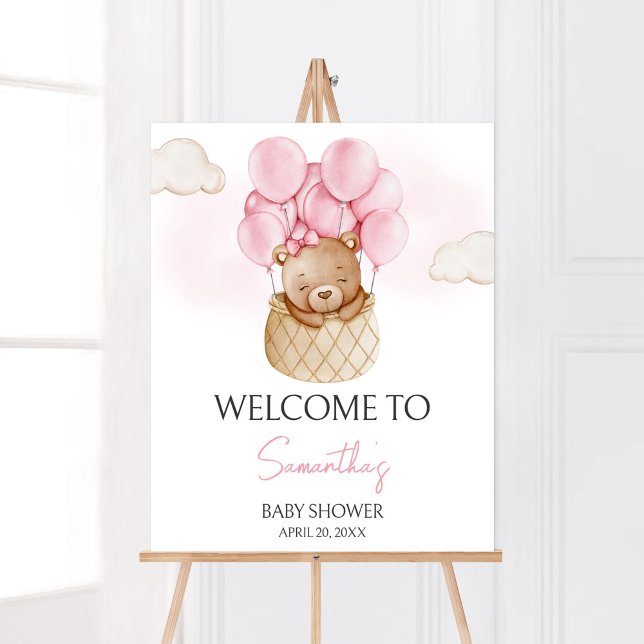 Rosa Baby Bear Luftballong Baby Shower Välkommen Poster (Baby Bear Pink Baby Shower Welcome Sign)