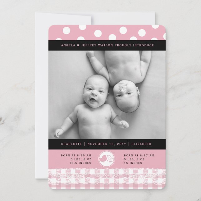 Rosa Baby Birds Snöre Twin Girls Birth Notice Meddelande (Framsida)
