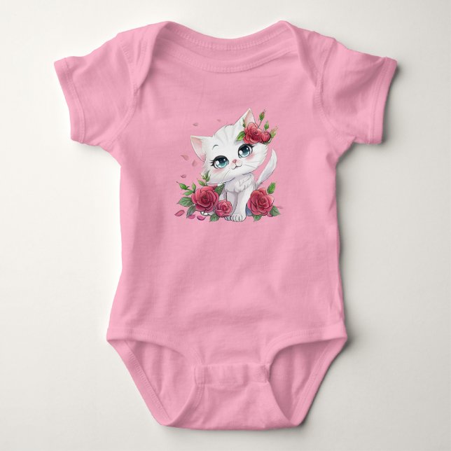 Rosa Baby Bodydräkt - Cute Cat Tecknad med Ro T Shirt (Framsida)