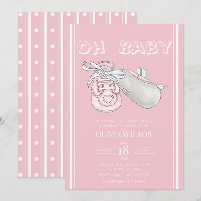 Rosa Baby Bootie Watercolor Baby Shower-inbjudan Inbjudningar (Fram/baksida)