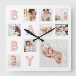 Rosa Baby Brev Newborn Baby Photo Grid Collage Fyrkantig Klocka