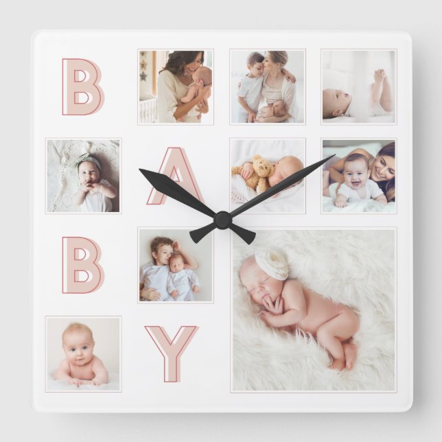 Rosa Baby Brev Newborn Baby Photo Grid Collage Fyrkantig Klocka (Framsida)
