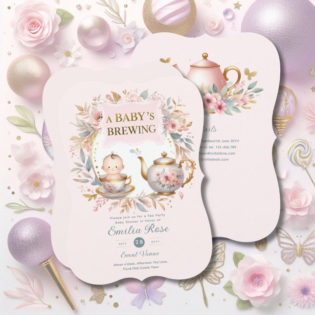 Rosa Baby Brewing Tea Party Shower Blommigt Brunch Inbjudningar (Skapare uppladdad)