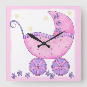 Rosa Baby Buggy Carriage Customized Fyrkantig Klocka