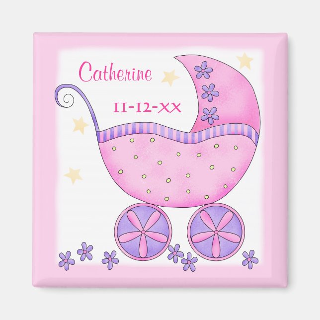 Rosa Baby Buggy Carriage Namn Birgth Date Anpassni Magnet (Framsidan)