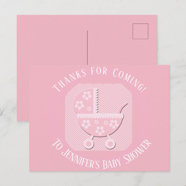 Rosa Baby Buggy Girl Shower Tack Vykort (Fram/baksida)