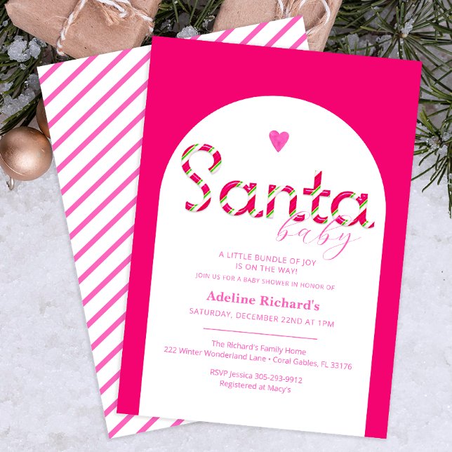 Rosa Baby Candy cane Baby Shower Inbjudan (Pink Santa Baby Arch Baby Shower Invitation)