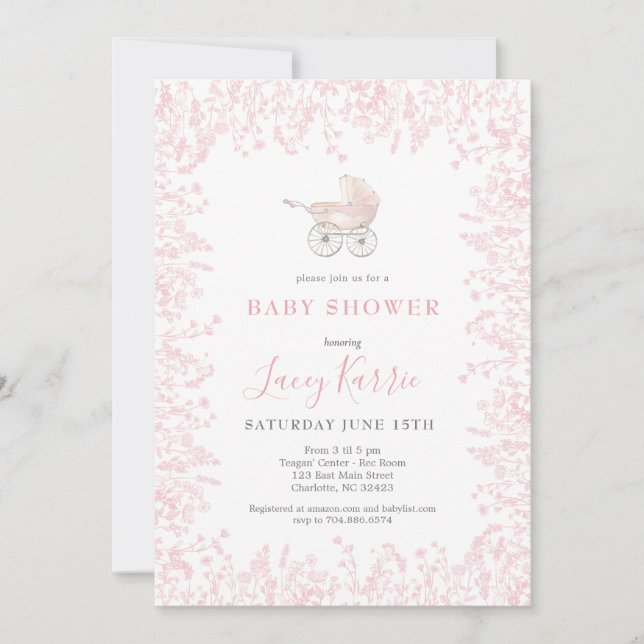 rosa Baby Carriage Baby Shower-inbjudan Inbjudningar (Framsida)