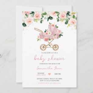 Rosa Baby Carriage Baby Shower Inbjudningar