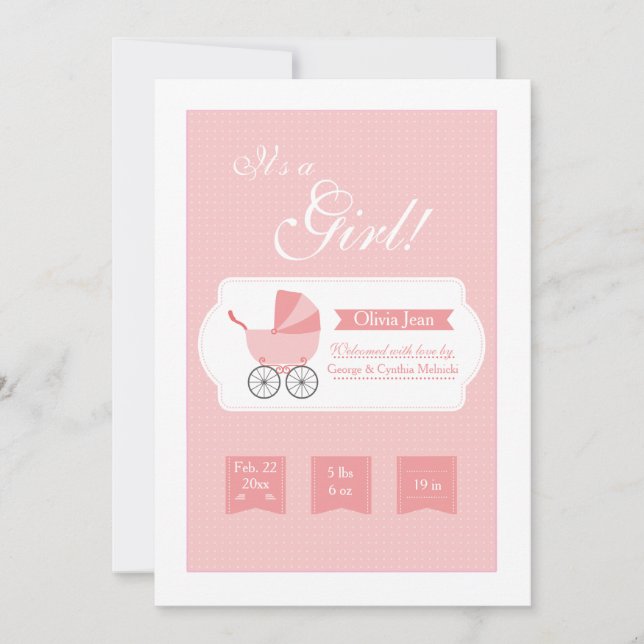Rosa Baby Carriage Birth Notice Meddelande (Framsida)