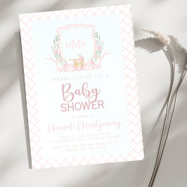 Rosa Baby Carriage Monogram Baby Shower Inbjudningar