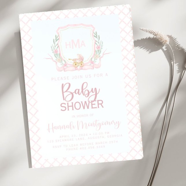 Rosa Baby Carriage Monogram Baby Shower Inbjudningar (Skapare uppladdad)
