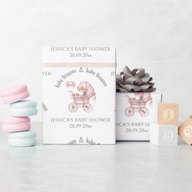 Rosa Baby Carriage Personlig Baby Shower Presentpapper (Skapare uppladdad)