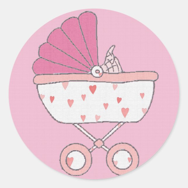 Rosa Baby Carriage Sticker Runt Klistermärke (Framsida)