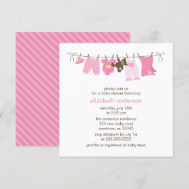 Rosa Baby Clothesline Girl Baby Shower Inbjudningar