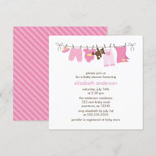 Rosa Baby Clothesline Girl Baby Shower Inbjudningar