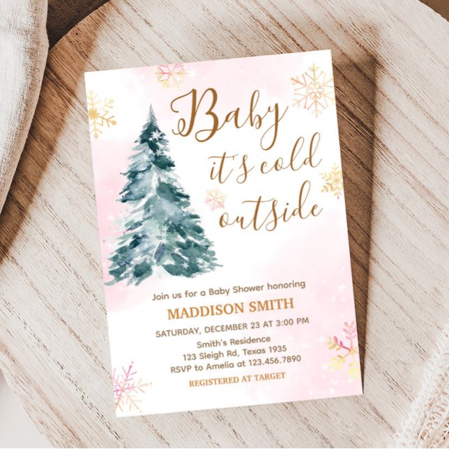 Rosa Baby Det är Kall utanför babyskabinka Inbjudningar (Pink Gold Winter Cold Outside Baby Shower Invitation)