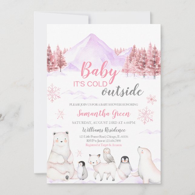 Rosa Baby Det är Kall utanför babyskabinka Inbjudningar (Framsida)
