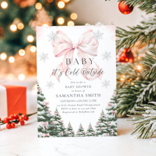 Rosa Baby Det är kallt ute Bow Flicka Barnkalas Inbjudningar
