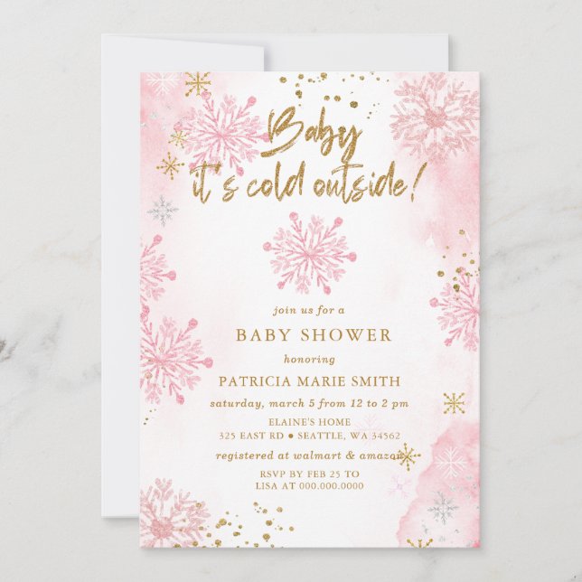 Rosa Baby det är kallt ute Vinter Baby Shower Inbjudningar (Framsida)
