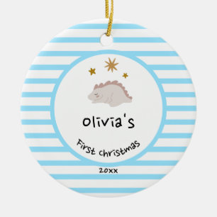 Rosa Baby Dino   Första jul Baby blue Rand Julgransprydnad Keramik