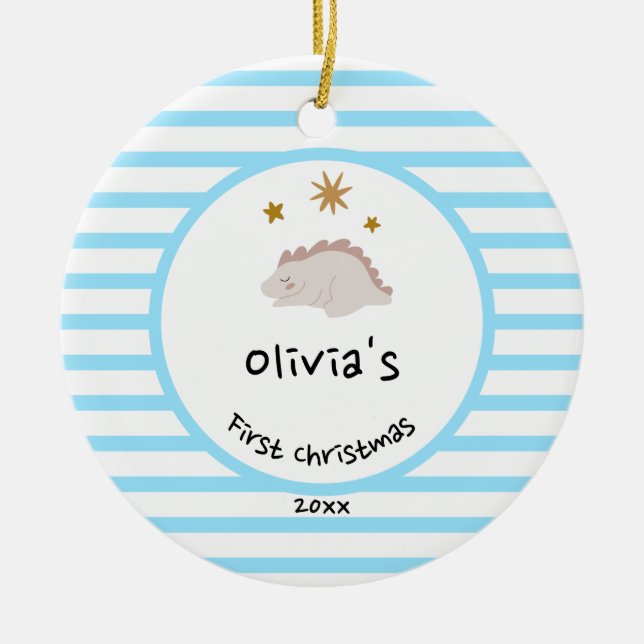 Rosa Baby Dino | Första jul Baby blue Rand Julgransprydnad Keramik (Framsidan)