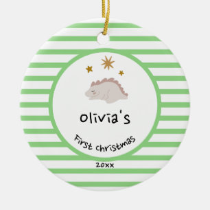 Rosa Baby Dino Första jul-Grönten Rand Julgransprydnad Keramik