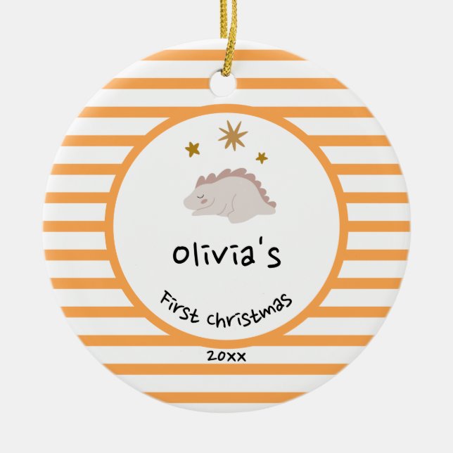 Rosa Baby Dino | Första jul-Orangen Rand Julgransprydnad Keramik (Framsidan)